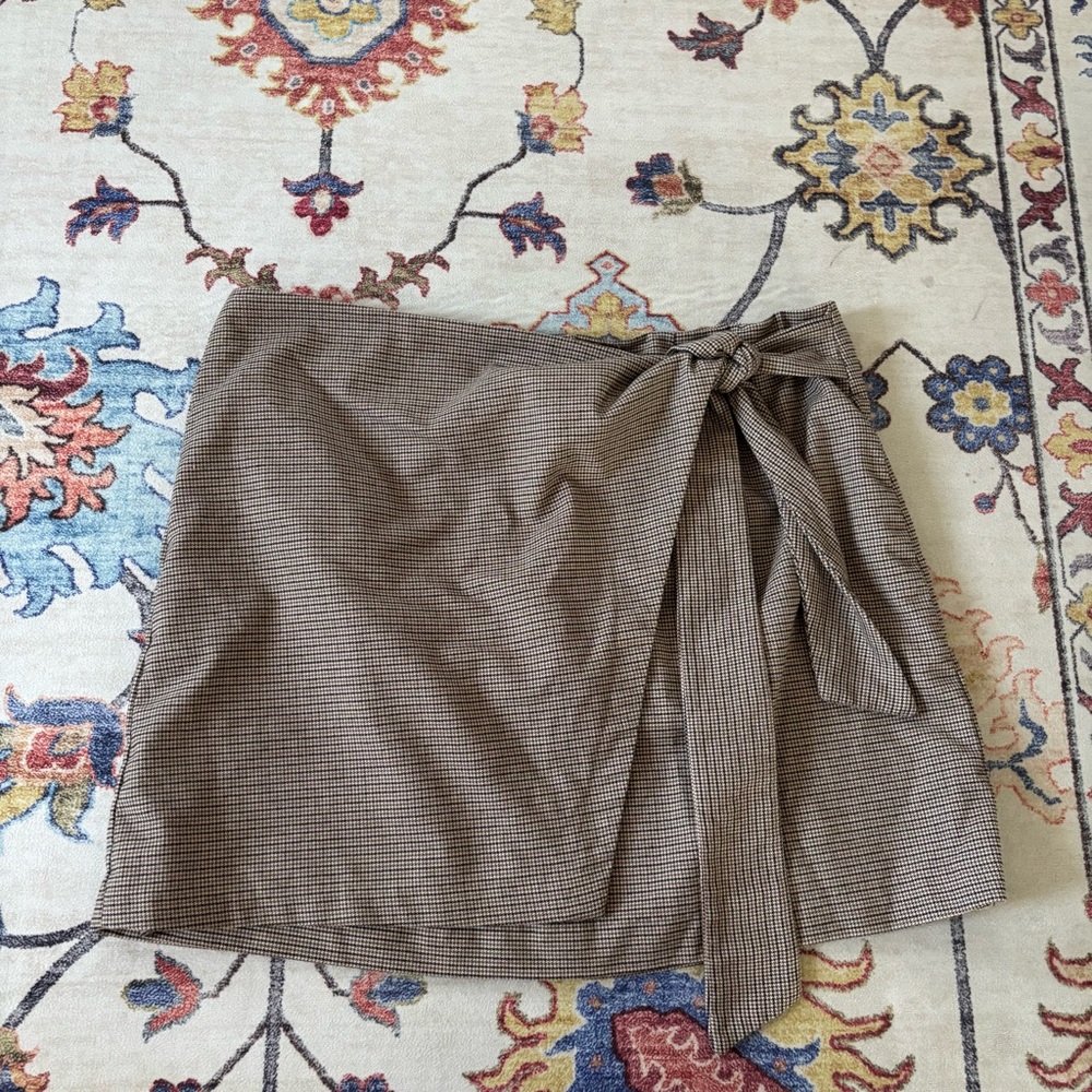 Rachel Zoe Brown Plaid Crossover Tie Waist Mini Wrap Style Skirt Fall Size 14